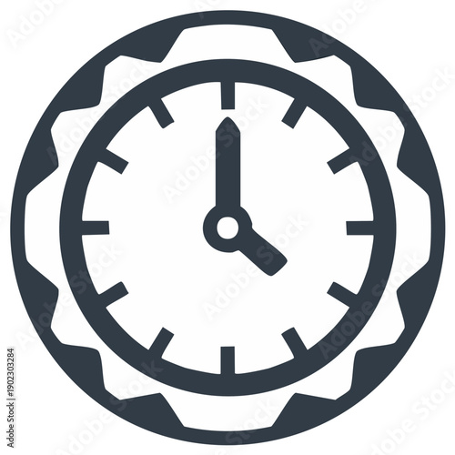 Clock icon with gear outline showing 4 o'clock, symbol for time, vector illustration.
