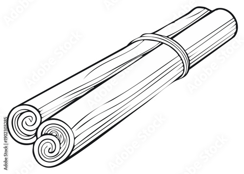 Stylized Black and White Vector Illustration of Two Scrolls Bound Together with String