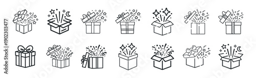 Gift box icons set, present packages with ribbon bows, simple outline vector collection for birthday, christmas and celebration design on transparent background