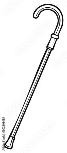 Black and white illustration of a simple walking cane or stick for elderly support.