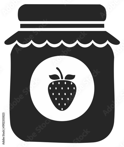 Stylized strawberry jam jar icon, a black and white silhouette for food, kitchen, and breakfast design elements.
