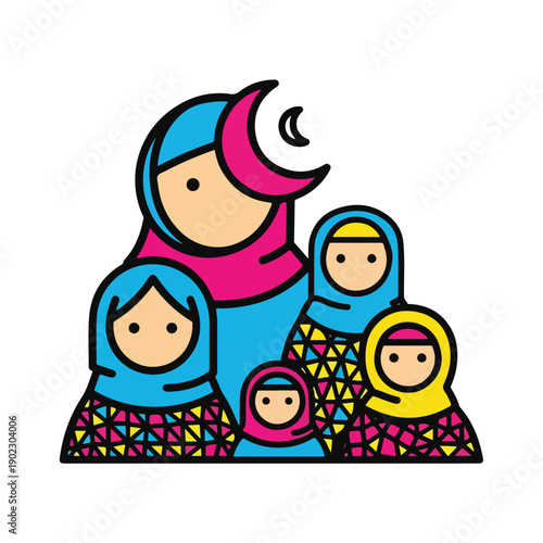 Matryoshka dolls in Islamic attire with crescent moon symbol, representing family and cultural heritage