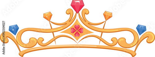 A gold and blue crown with a red diamond in the center