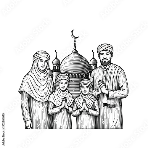 Hand-drawn illustration of a happy Muslim family (parents, two kids) making a greeting in front of a mosque. Perfect for Eid al-Fitr, Ramadan, and Islamic cultural themes.
