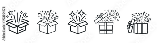 Gift box icons set, open present packages with confetti and ribbons, minimal line vector illustration on transparent background