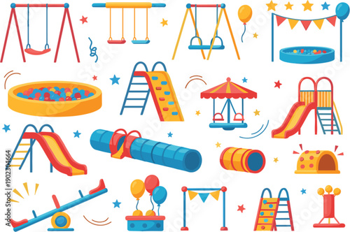 Colorful children playground equipment set with slides swings ball pit see-saw and climbing frame isolated on white background for kids outdoor activity design vector illustration elements