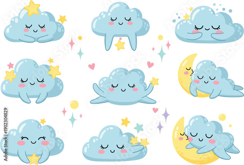 Adorable cartoon blue cloud characters set with happy sleeping faces moon and stars isolated on white background for nursery and baby shower design vector illustration