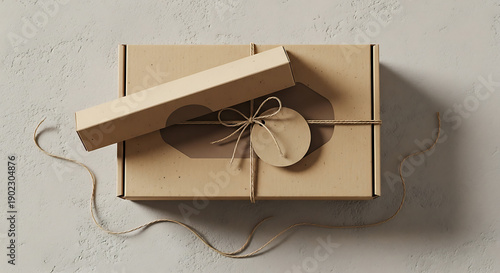 A gift box with a lid slightly ajar on a textured surface viewed from directly above