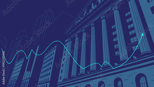Modern cityscape with stock market graph and classic building