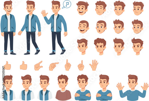 Young casual man character set with various poses facial expressions and hand gestures for lifestyle social media and creative design vector illustration elements