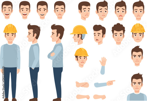 Professional construction worker character set with various facial expressions poses hand gestures and safety helmet for industrial work design vector illustration elements