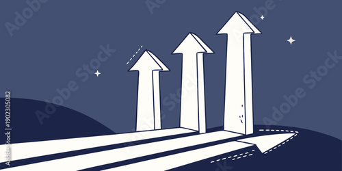 Three white arrows pointing up on a road with a starry night sky