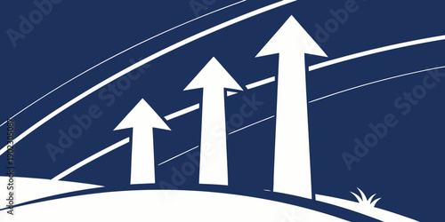 White arrows rising up on navy blue background with dynamic lines