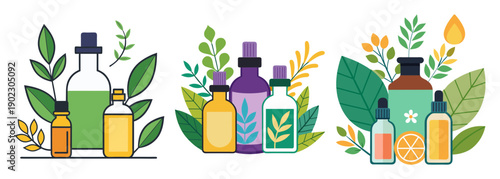 Essential oils collection with natural greenery and leaves art