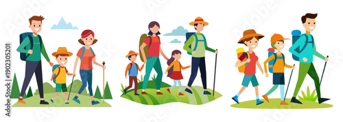 Happy family hiking together enjoying outdoor adventures and nature