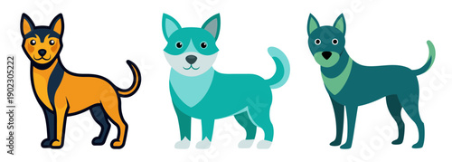 Three stylized cartoon dogs of different colors standing side by side