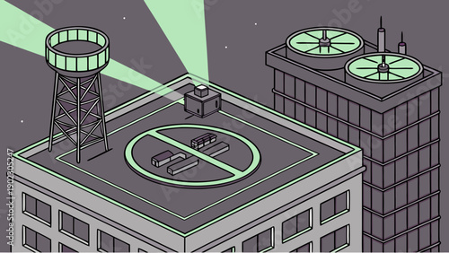 Modern cityscape with helicopter landing pad on high-rise building rooftop