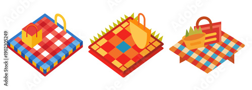 Colorful picnic blankets with food and drinks ready for outdoor fun