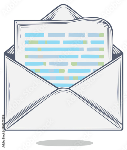 Hand drawn illustration of an open envelope with a letter containing colorful text inside