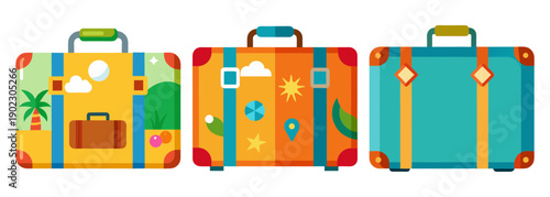 Colorful vintage suitcases packed for a family vacation getaway