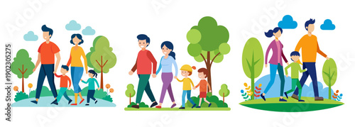 Happy family walking together through a sunny park scene