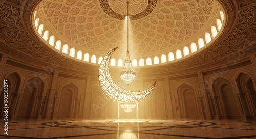Celebrating Ramadhan Kareem inside a grand mosque with intricate architecture and beautiful illumination