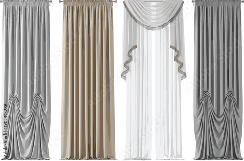 Luxury home interior window curtains and drapes collection set isolated on white background for house decoration and textile furnishing design vector illustration elements