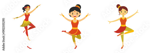 Three ballerina dancers in red and yellow tutus performing graceful poses