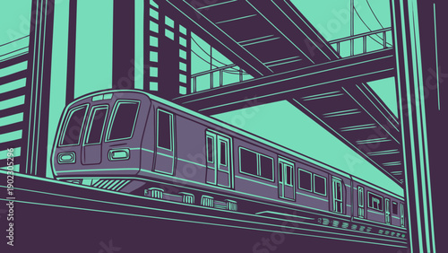 Modern subway train in urban elevated station