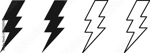 Black lightning bolt flash icons set isolated on white background for energy power electric charging and weather thunder design vector illustration elements