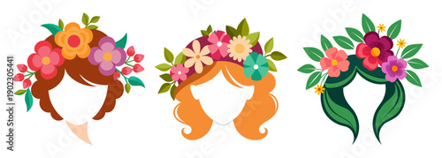 Three cartoon women with flower crowns and flowing hair
