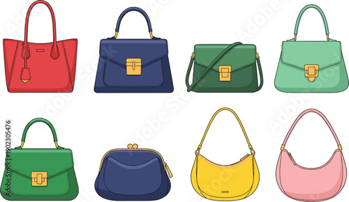 Colorful fashion women handbags and purses collection set isolated on white background for shopping retail and feminine accessory design vector illustration elements