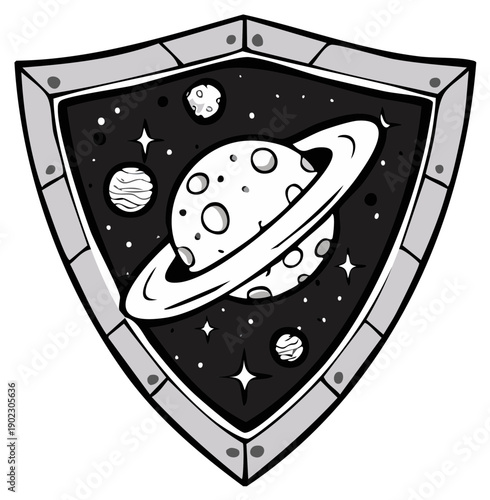 Black and white space shield with ringed planet stars and distant moons cosmic emblem