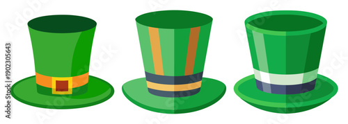 Three green leprechaun hats with festive bands