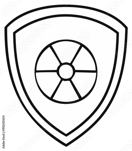 Shield with Circular Radiation Symbol Line Art for Safety or Hazardous Icon