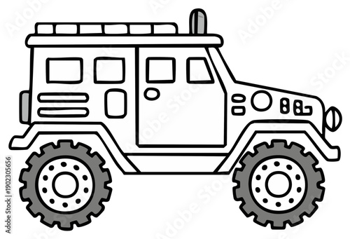 Cartoon military off road vehicle outline illustration for coloring book