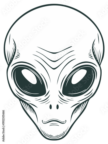 Stylized Alien Head Illustration with Large Eyes and Smooth Skin, Graphic Extraterrestrial Face Design