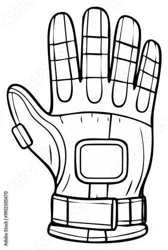 Stylized black and white line art illustration of a protective sports or work glove