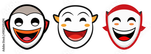 Three happy cartoon faces with expressive smiles and large grins