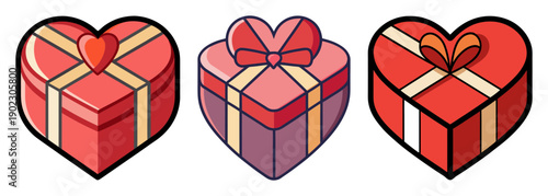 Three heart shaped gift boxes with ribbons and bows