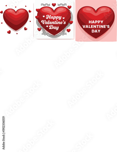 Happy Valentines Day Greeting Card Set with Glossy Red Heart Shapes on Pink and White Backgrounds Featuring Romantic Love Typography for February 14 Celebration Vector Illustration