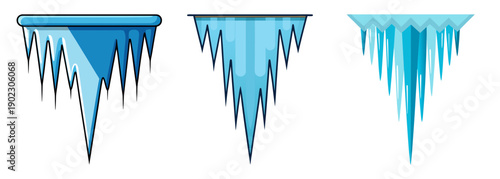 Three sharp blue icicles hang downwards isolated against a bright backdrop