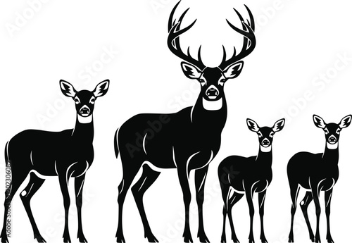 Black deer family silhouette set with buck doe and fawns isolated on white background for wildlife nature logo forest animal hunting and outdoors design