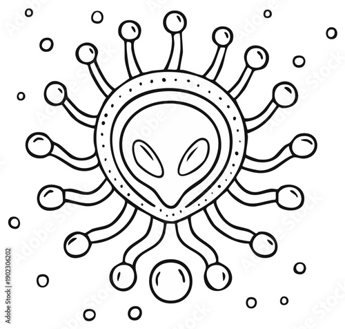 Outline drawing of an alien face with tentacles and bubbles