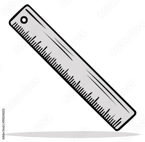 A simple grey ruler with black markings and a hole in the corner on a white background.