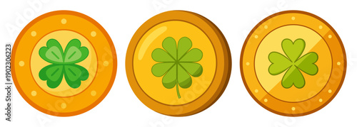 Three lucky pennies with green four leaf clovers arranged horizontally