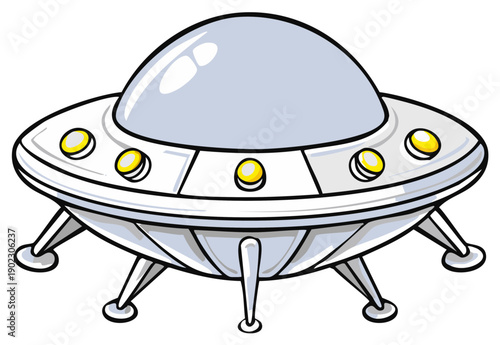 Cartoon UFO flying saucer with dome and landing gear