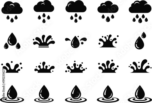 Black silhouette water icon set featuring rain clouds droplets and splash effects for weather environmental and cleaning design projects.