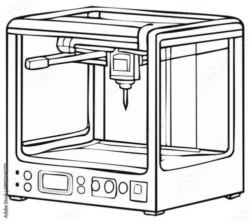 3D Printing Machine Line Art Illustration, Additive Manufacturing Device Design