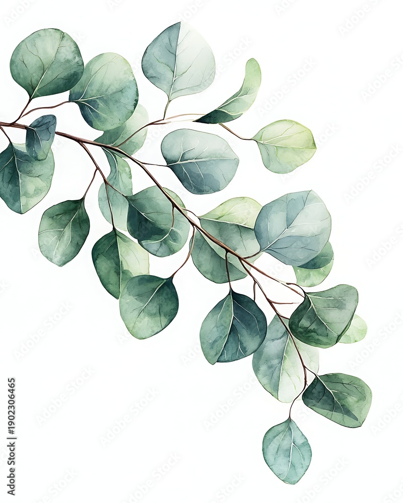 Obraz premium Eucalyptus Branch Elegance: A delicate eucalyptus branch displays a gentle arrangement of soothing green leaves, conveying tranquility and nature's quiet beauty.